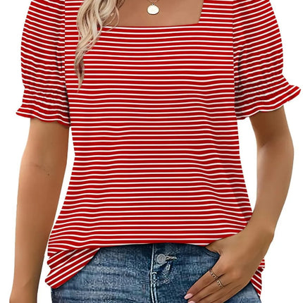 U-neck Petal Sleeve Loose Stripes T-shirt