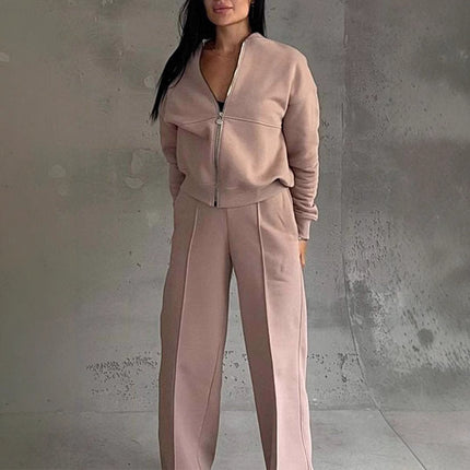 Zipper Jacket and Wide Leg Pants Set
