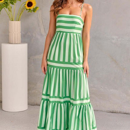 Summer Striped Suspender Long Dress With Pockets
