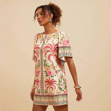 Fashion Retro Crew Neck Horn Printing Dress