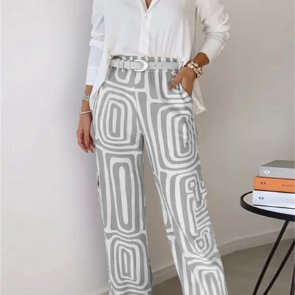 Casual Long-sleeved Lapel Shirt Wide-leg Pants with Belt Suit Set
