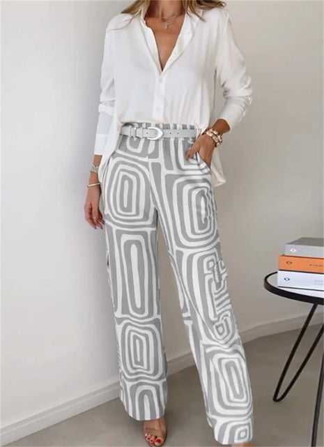 Conjunto de camisa informal de manga larga con solapas y pantalón de pernera ancha con cinturón