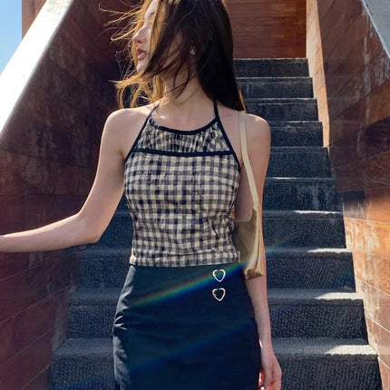 Split Stitching Plaid Halter Vest