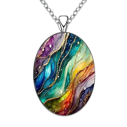 Retro-inspired Dreamy Ripple-pattern Oval Glass Pendant Necklace
