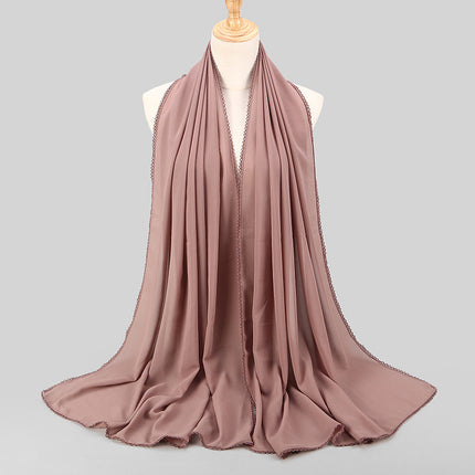 Elegant Women's Monochrome Lace Panel Pearl Chiffon Scarf