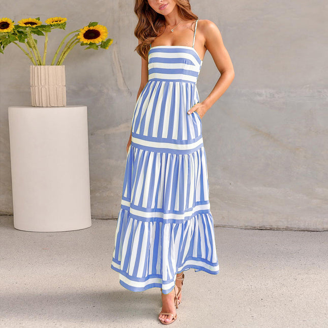 Summer Striped Suspender Long Dress With Pockets