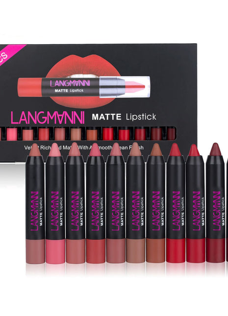 LANGMANNI Matte Lipstick Set | 12-Piece Long-Lasting Matte Lipstick Collection