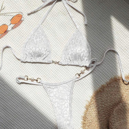 T-shaped Pearl Leopard Special Fabric Swimwear Swimsuit Bikini