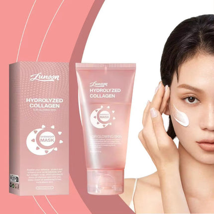 Lunsoon hydrolyzed collagen product with a woman applying cream to her face on a pink background