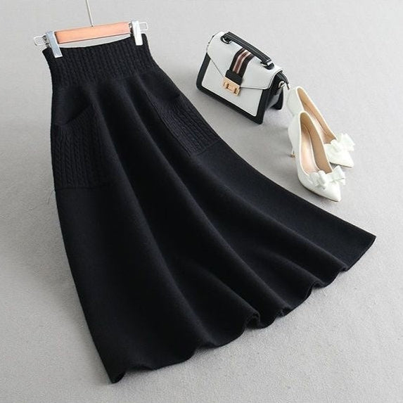 Mid-length Knitted Bud Double Pockets Skirt
