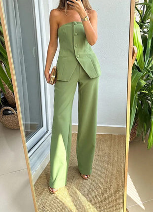 Graceful Sleeveless Tube Top Button and Long Trousers Set