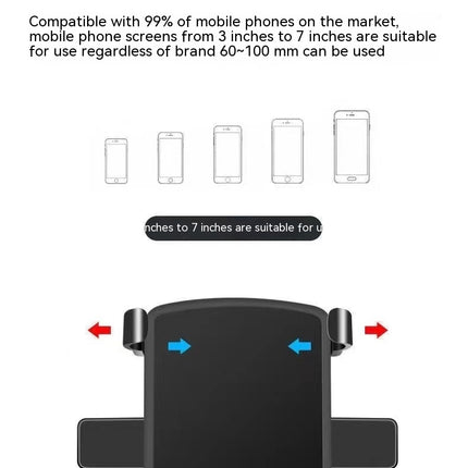 Telescopic jaw phone holder with compatibility information on a white background