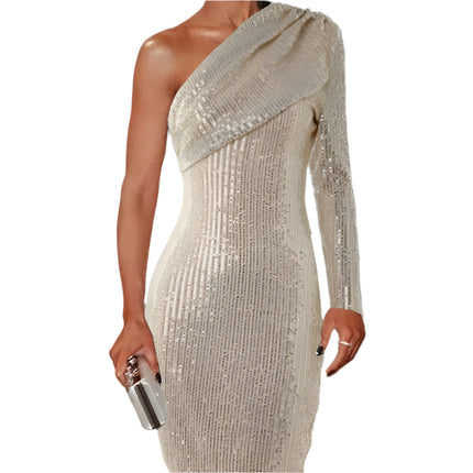 Silver One Shoulder Sequin Formal Dress