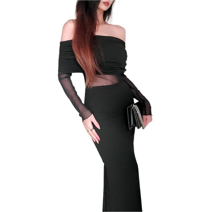 Off-the-shoulder Pleated Long Sleeve Dress