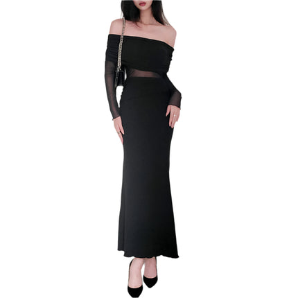 Off-the-shoulder Pleated Long Sleeve Dress