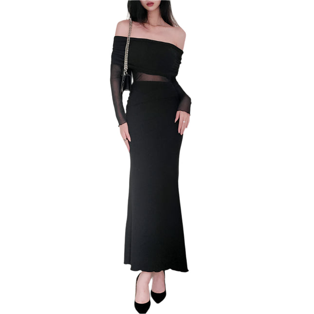 Off-the-shoulder Pleated Long Sleeve Dress