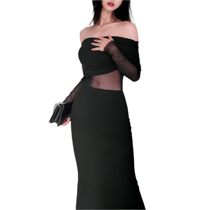 Off-the-shoulder Pleated Long Sleeve Dress