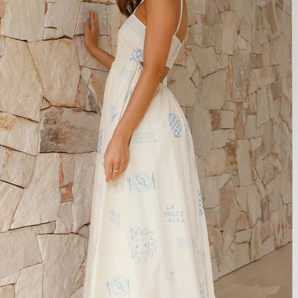 White & Sky-Blue Back Cutout Sling Dress