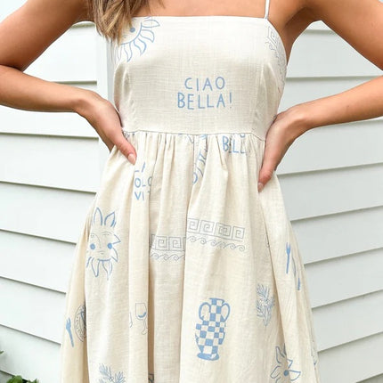 White & Sky-Blue Back Cutout Sling Dress