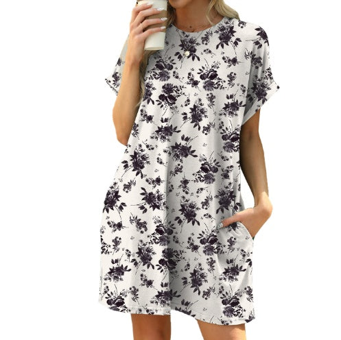 Loose Crew Neck Short Sleeve Pocket Dress