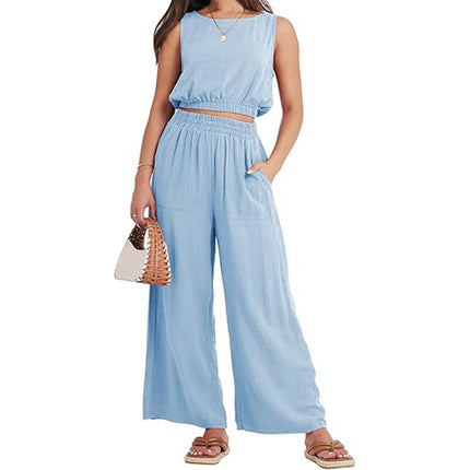 Round Neck Sleeveless Lower Hem High Waist Wide Leg Two-piece Set