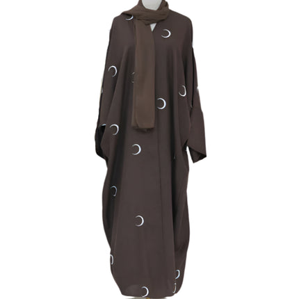 Moon Embroidery Elegant Abaya with Chiffon Headscarf
