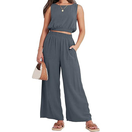 Round Neck Sleeveless Lower Hem High Waist Wide Leg Two-piece Set