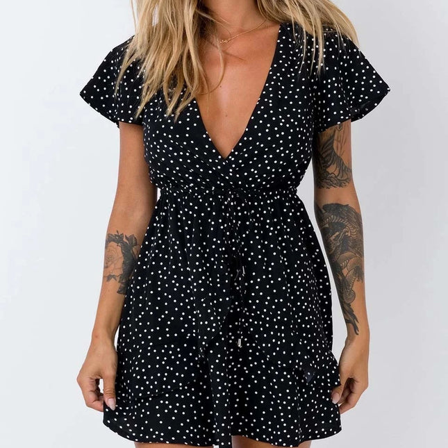 V-neck Polka Dot Waist Slimming Dress