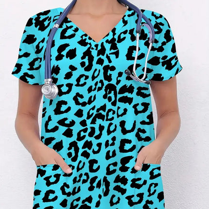 Vibrant Print Scrub Top Casual V-Neck Short Sleeve
