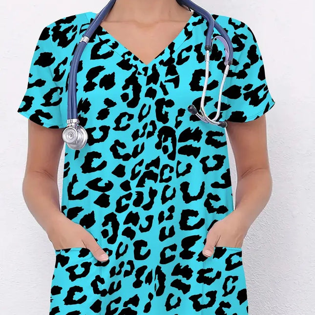 Vibrant Print Scrub Top Casual V-Neck Short Sleeve