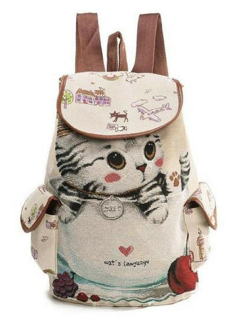 Lovely Cat Drawstring Backpack | Cute Canvas School & Everyday Bag