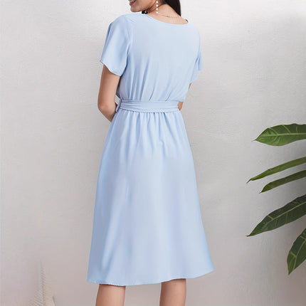 Short Sleeve Cross Collar Belt Dress