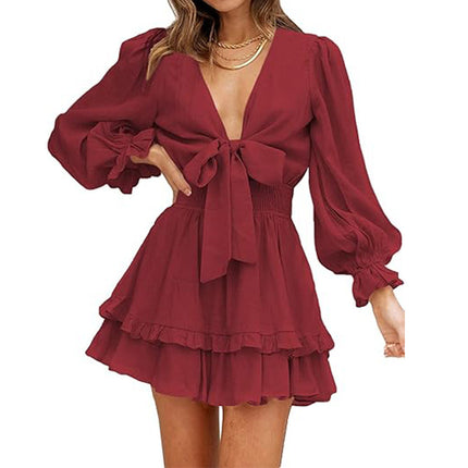 V-neck Ruffled Slimming Long Sleeves Dress