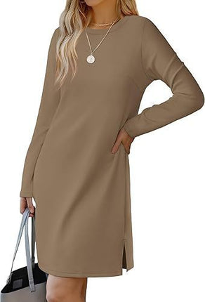 Round Neck Slit Hemline Sweater Long Sleeve Dress