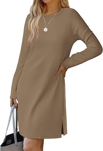 Round Neck Slit Hemline Sweater Long Sleeve Dress