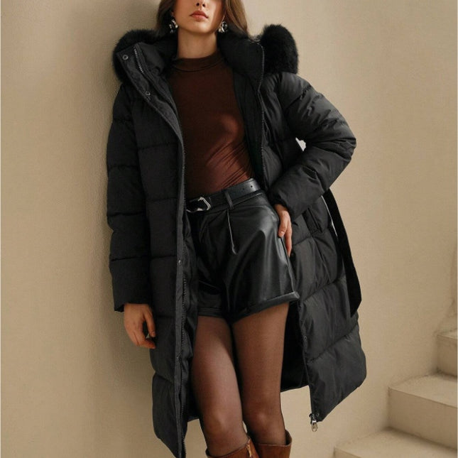 Anewsta Long Sleeve Zip Up Hooded Padded Coat with Faux Fur Trim