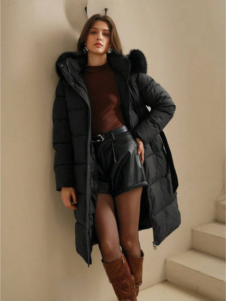 Anewsta Long Sleeve Zip Up Hooded Padded Coat with Faux Fur Trim