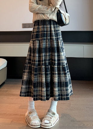 تنورة صوفية كاروهات سميكة بخصر عالٍ لفصل الشتاء