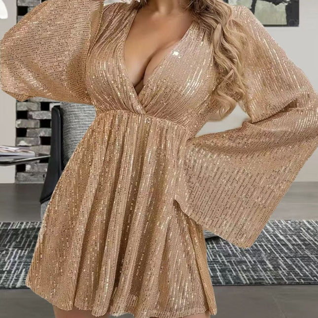 V-neck Sequin Waist Slimming Dress