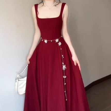 Red Slip Dress Summer French Square Collar