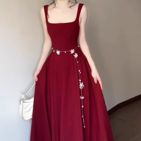 Red Slip Dress Summer French Square Collar