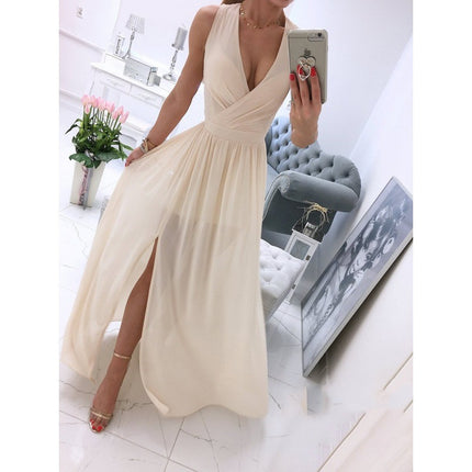 Sleeveless Ankle Skirt V-neck Front Split Dress