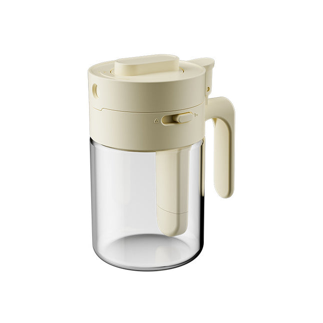 Clear glass mug with beige lid and handle on a white background