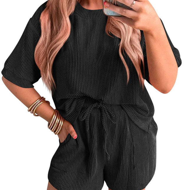 Short-sleeved Wavy Round Neck Top Elastic Waist Shorts Set