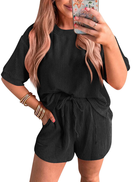 Short-sleeved Wavy Round Neck Top Elastic Waist Shorts Set