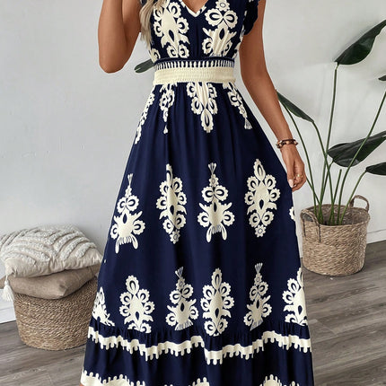 Trim Sleeve Cinched Waist Ruffle Hem A-Line Dress