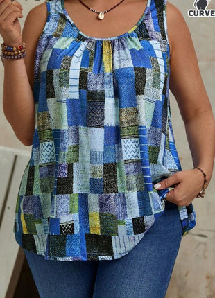 Plus Size Summer Round Neck Pleated Tank Top