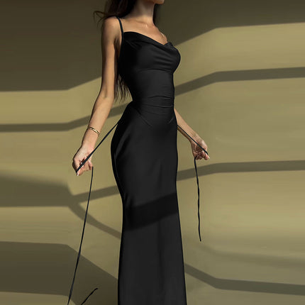 Stitching Tied Tie Waist Slim Strap Dress