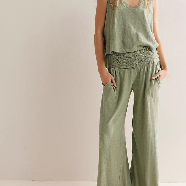 Knitted V-neck Top Elastic Waist Two-piece Suit