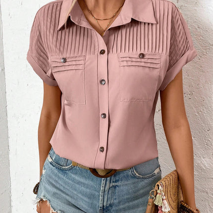 Lapel Shoulder Pleated Pocket Short Sleeve Top